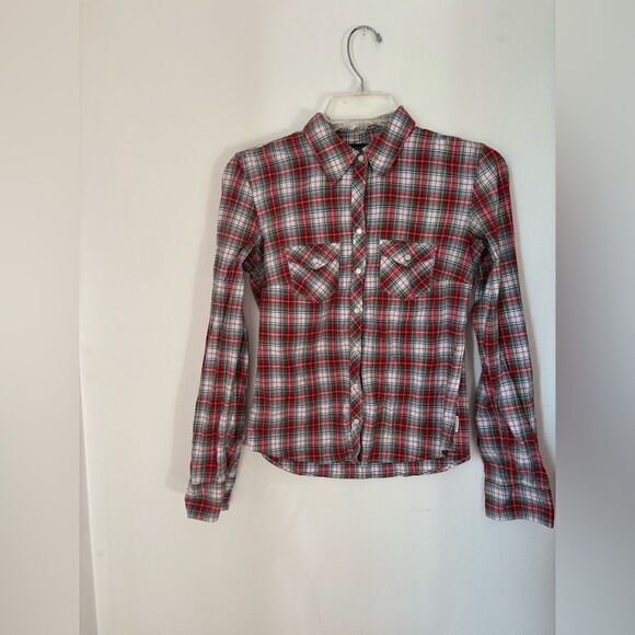 Abercrombie red plaid snap front long sleeve top size small 95 % cotton - Picture 1 of 11